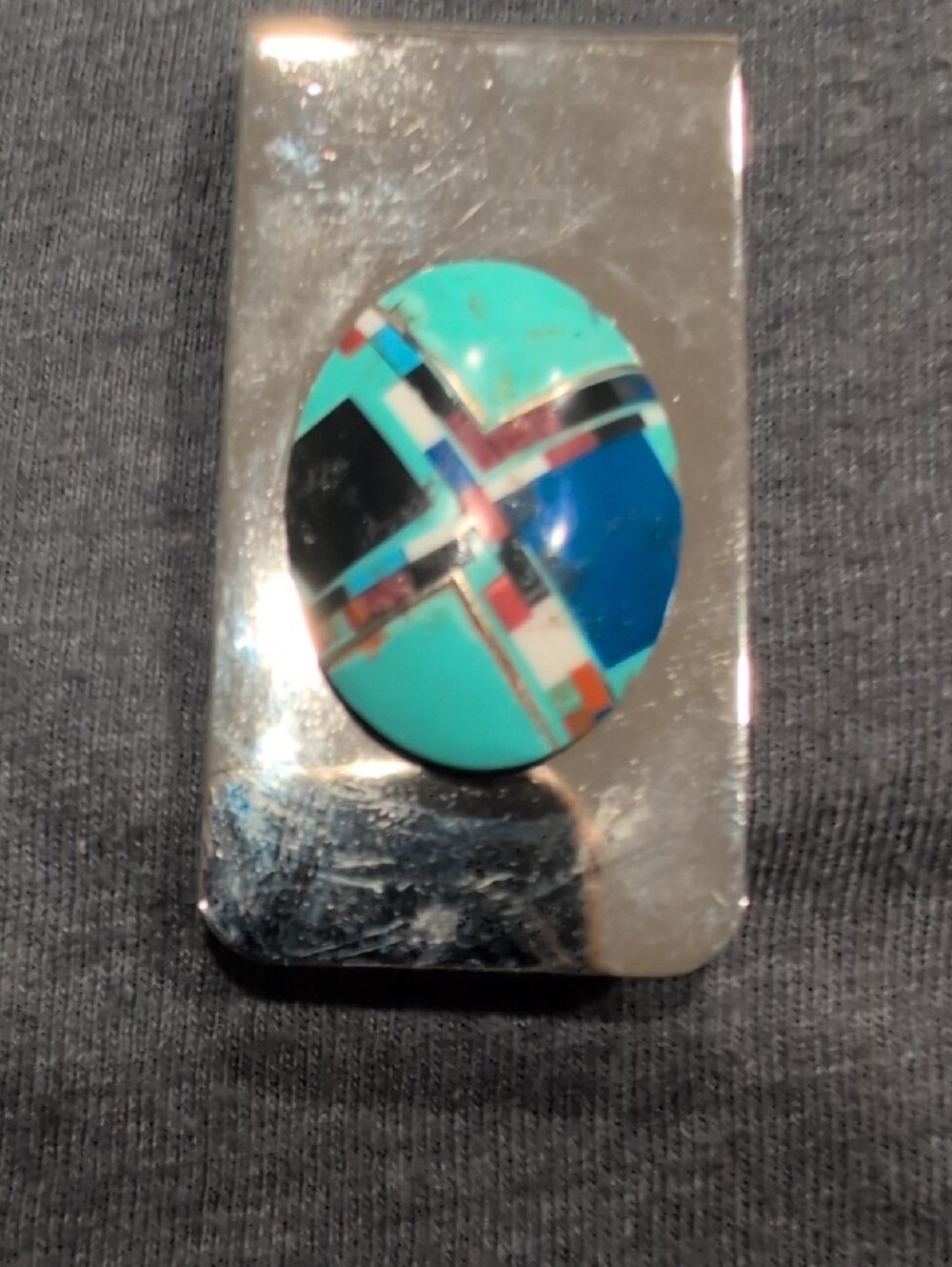 Turquoise Inlay Oval Money Clip - Artisan Style - Picture 2 of 2